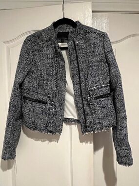 Banana Republic Black and Gray Tweed Fringe Zip Jacket